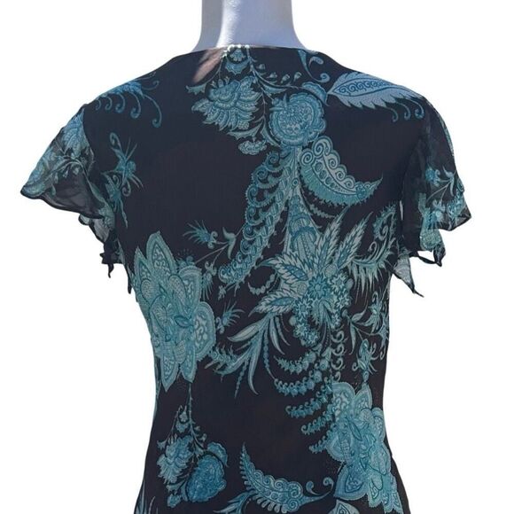 MSK Midi Dress Women's Sz 10 Brown Teal Floral Twist Front Ruffle Flutter Sleeve - Picture 7 of 16